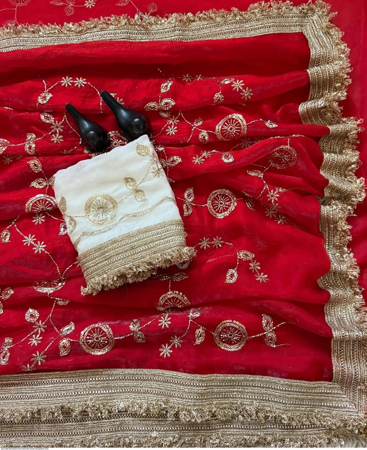 Cherry Red and Golden Colour Gotta Work Saree with Blouse